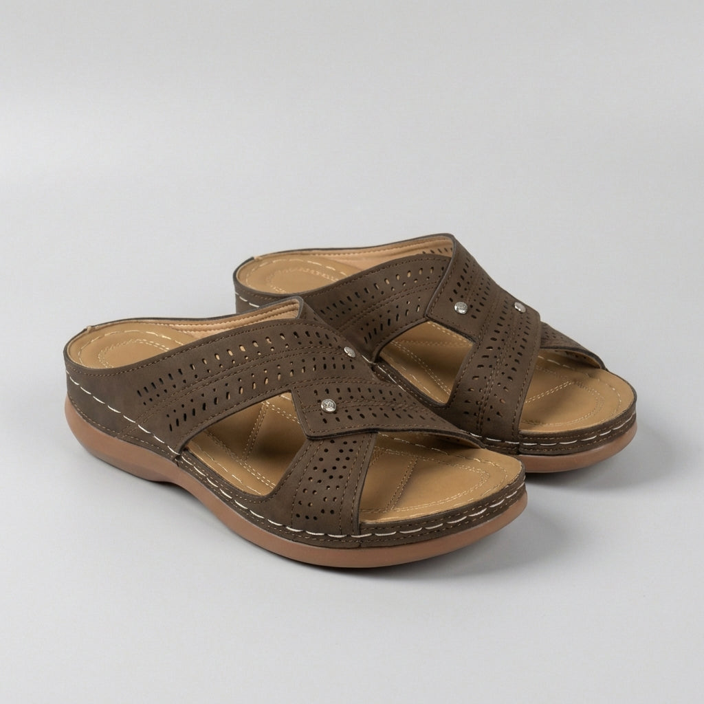Brown orthopedic open toe wedge sandals with T-strap and rhinestones, featuring supportive design and stylish accents.