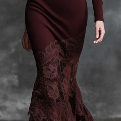 Burgundy lace maxi dress by My Store, elegant evening dress with flowing fabric and intricate lace details, full-length design.