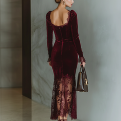 Burgundy velvet maxi dress for evening occasions, featuring a flowy silhouette and elegant design, by My Store.