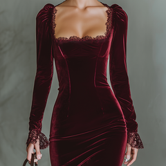 Burgundy velvet maxi dress, elegant evening dress with flowing silhouette and long sleeves, designed by My Store.