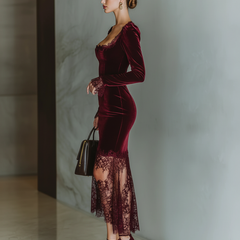 Burgundy velvet maxi dress for evening wear, featuring a flowing silhouette and elegant design, perfect for formal occasions.