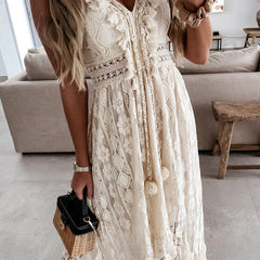 White lace strappy long dress with resort style design, featuring intricate details and flowing fabric from My Store.
