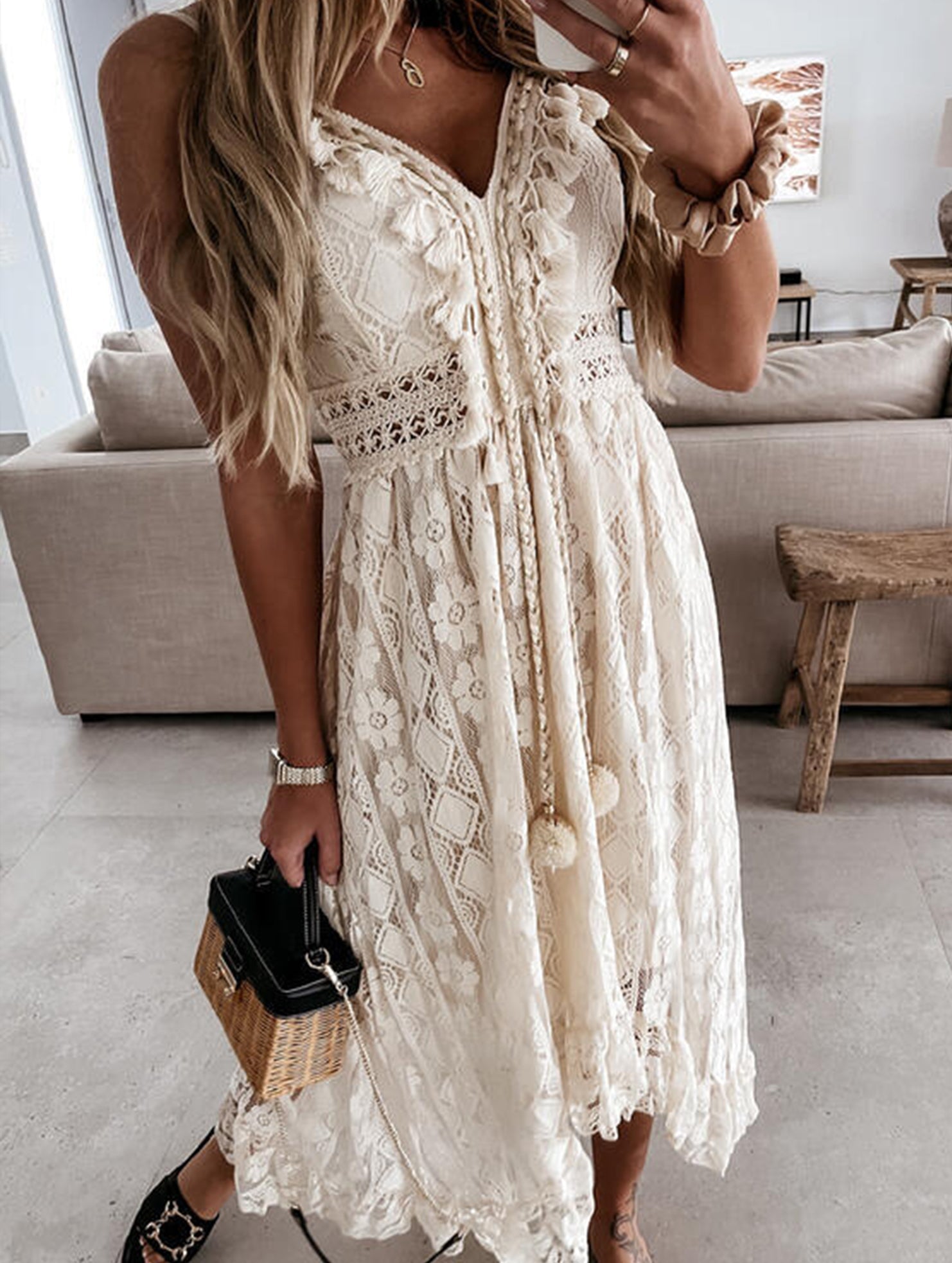 White lace strappy long dress with resort style design, featuring intricate details and flowing fabric from My Store.