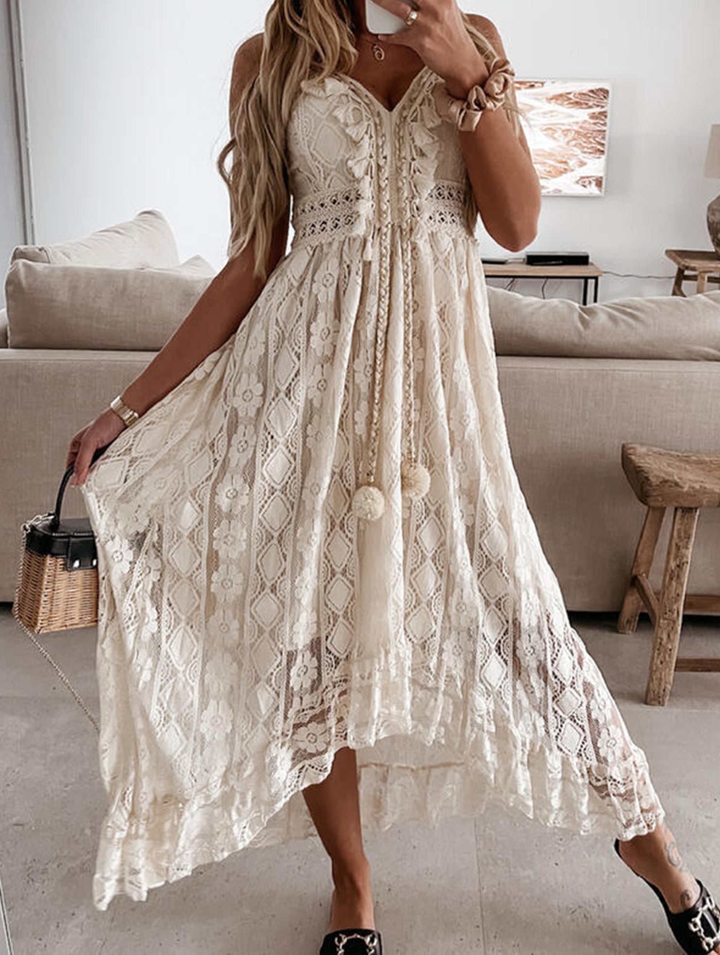 White lace strappy long dress from My Store with a resort style, featuring intricate lace details and a flowing silhouette.