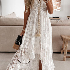 White resort-style lace strappy long dress from My Store, featuring intricate lace details and a flowing silhouette.