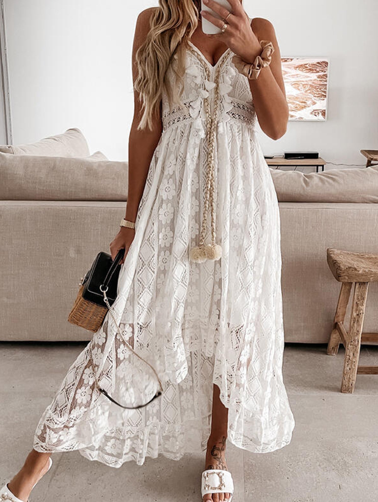 White resort-style lace strappy long dress from My Store, featuring intricate lace details and a flowing silhouette.
