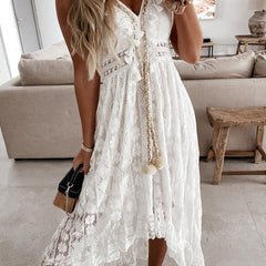 White lace strappy long dress with resort-style design, featuring intricate details and flowing fabric from My Store.