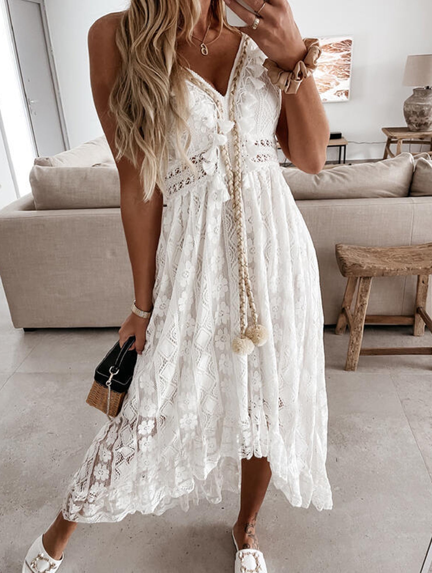 White lace strappy long dress with resort-style design, featuring intricate details and flowing fabric from My Store.