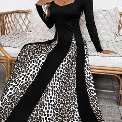 Black retro high waist leopard print patchwork dress from My Store, showcasing a stylish design with bold animal print details.