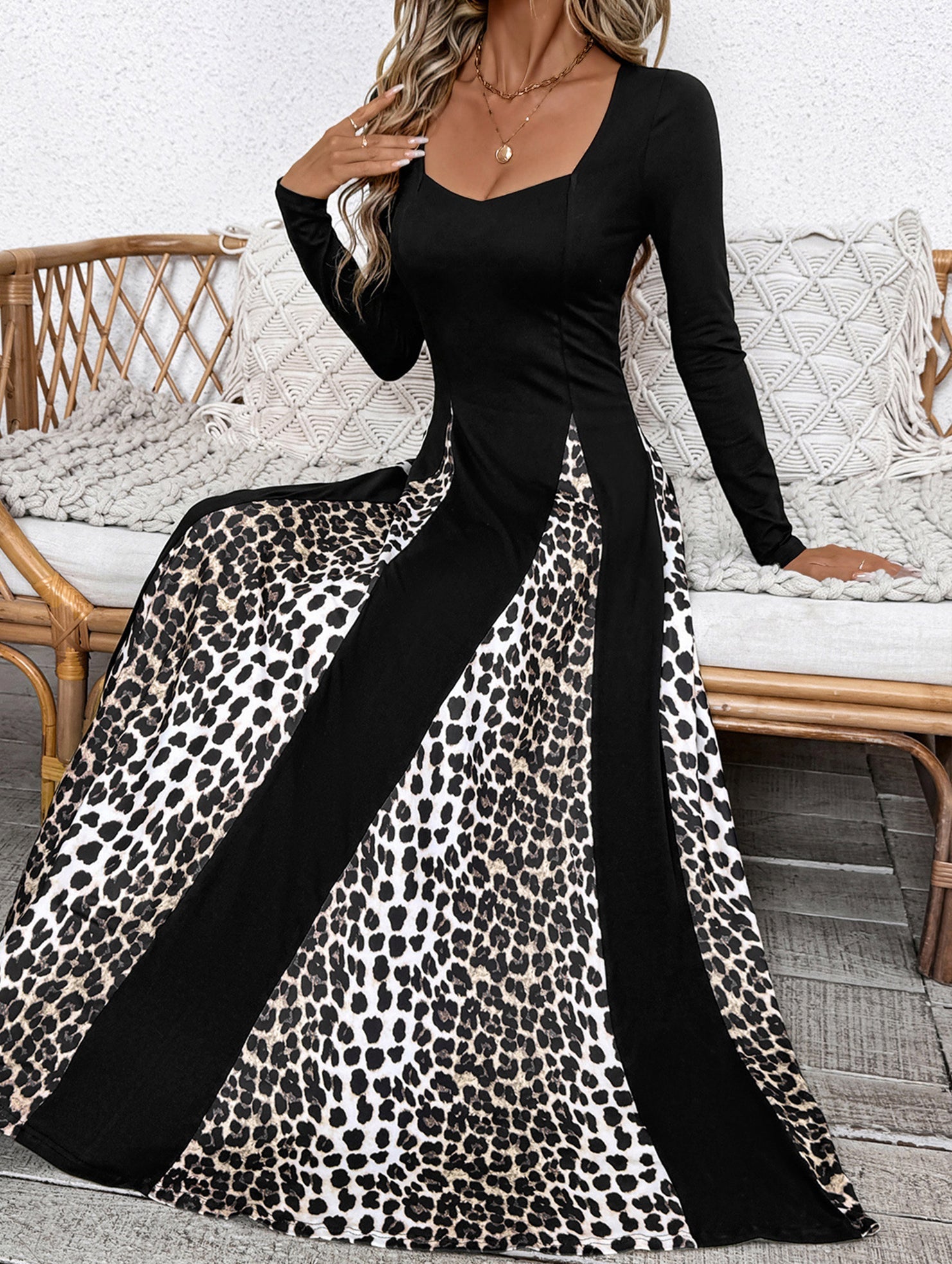 Black retro high waist leopard print patchwork dress from My Store, showcasing a stylish design with bold animal print details.