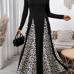Black retro high waist leopard print patchwork dress by My Store, featuring bold animal print and vintage-inspired design.