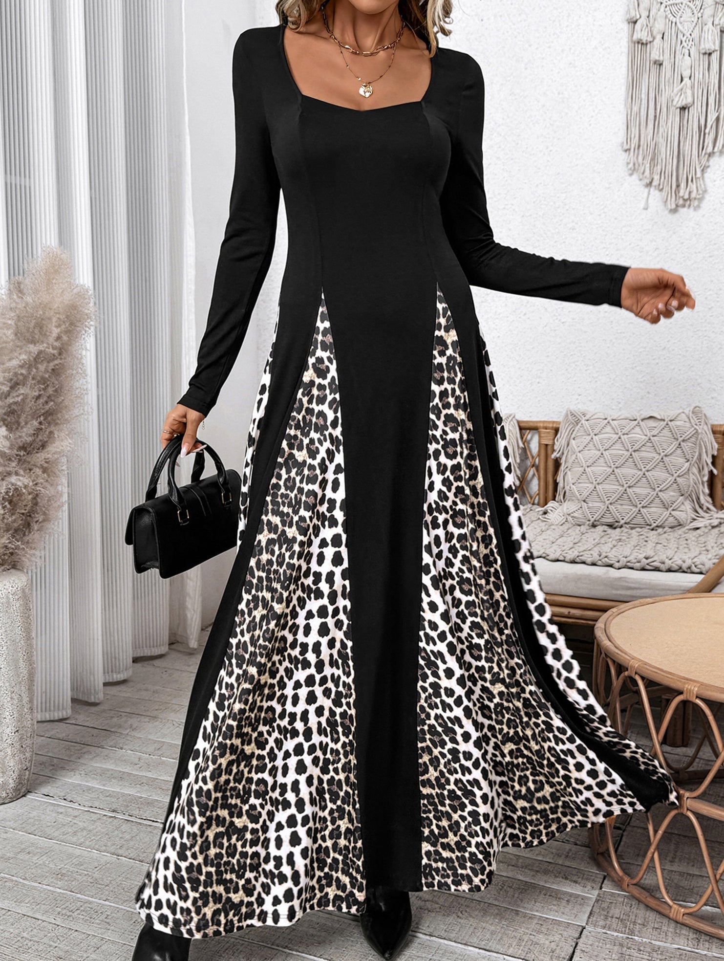 Black retro high waist leopard print patchwork dress by My Store, featuring bold animal print and vintage-inspired design.