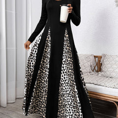 Black retro high waist leopard print patchwork dress by My Store, showcasing bold animal print and vintage-inspired design.
