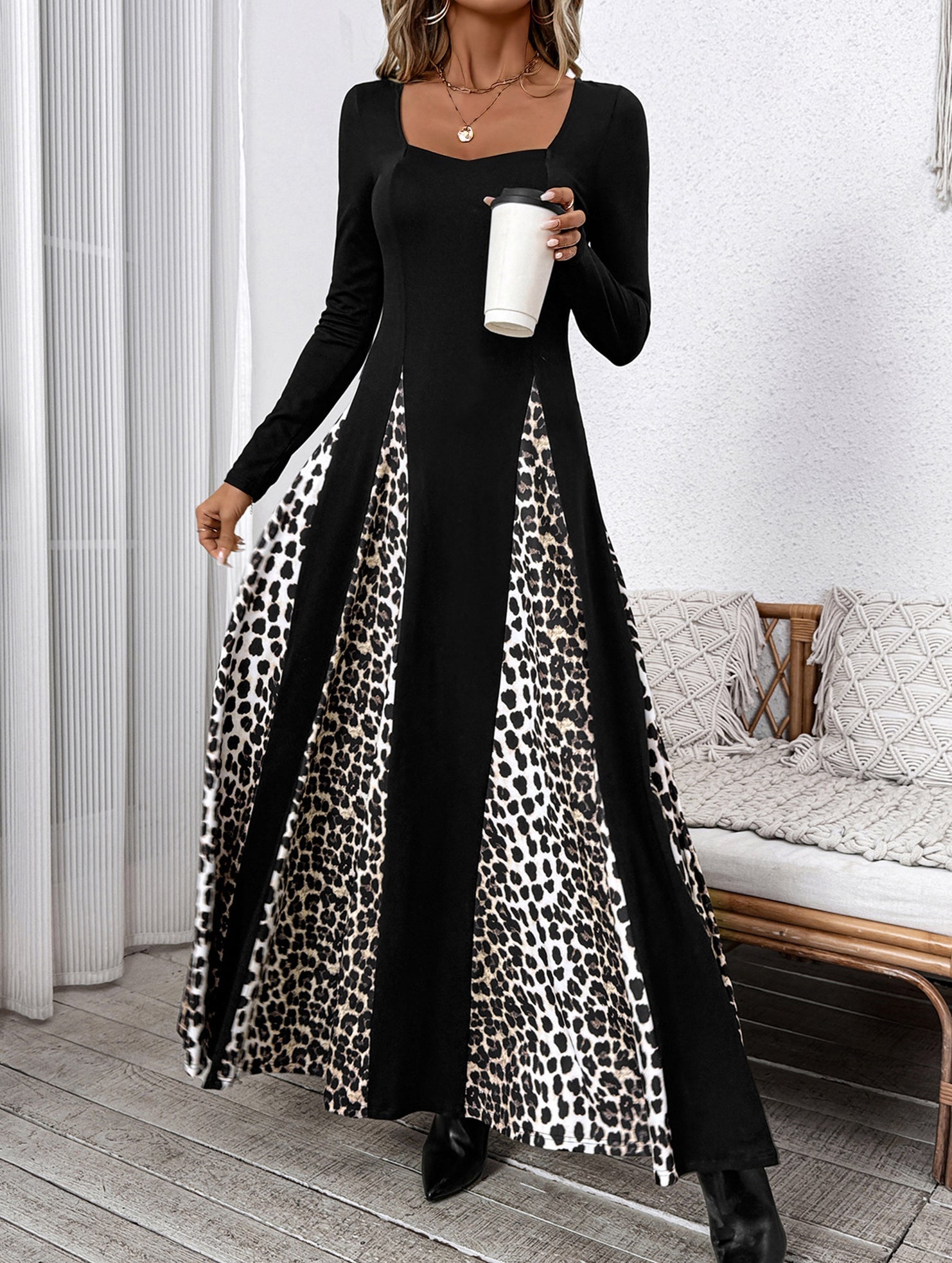 Black retro high waist leopard print patchwork dress by My Store, showcasing bold animal print and vintage-inspired design.