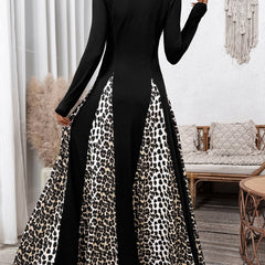 Black retro high waist leopard print patchwork dress from My Store, featuring bold animal print and stylish vintage-inspired design.