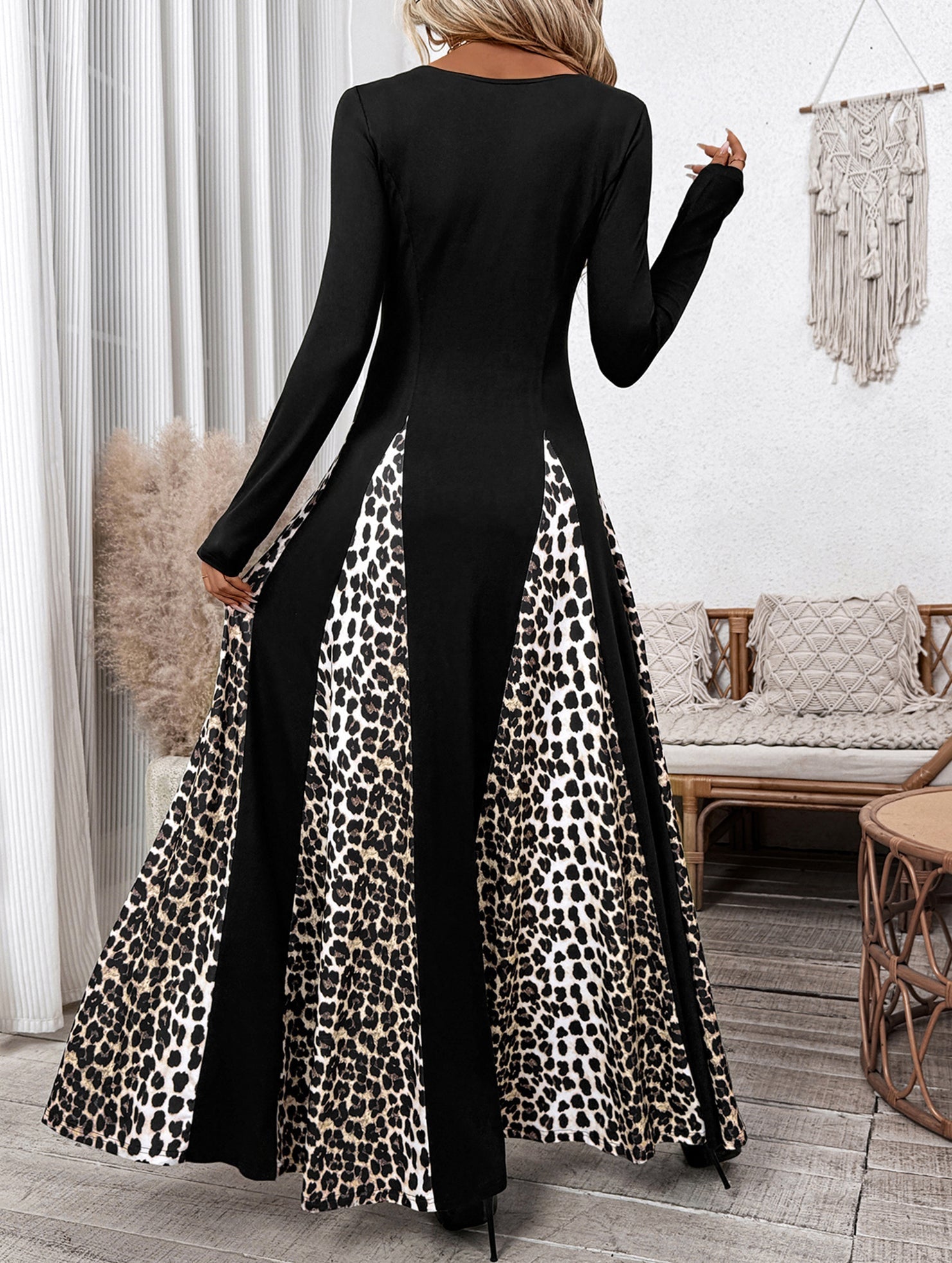 Black retro high waist leopard print patchwork dress from My Store, featuring bold animal print and stylish vintage-inspired design.