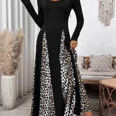 Black retro high waist leopard print patchwork dress from My Store, featuring a stylish vintage-inspired design and bold animal print.