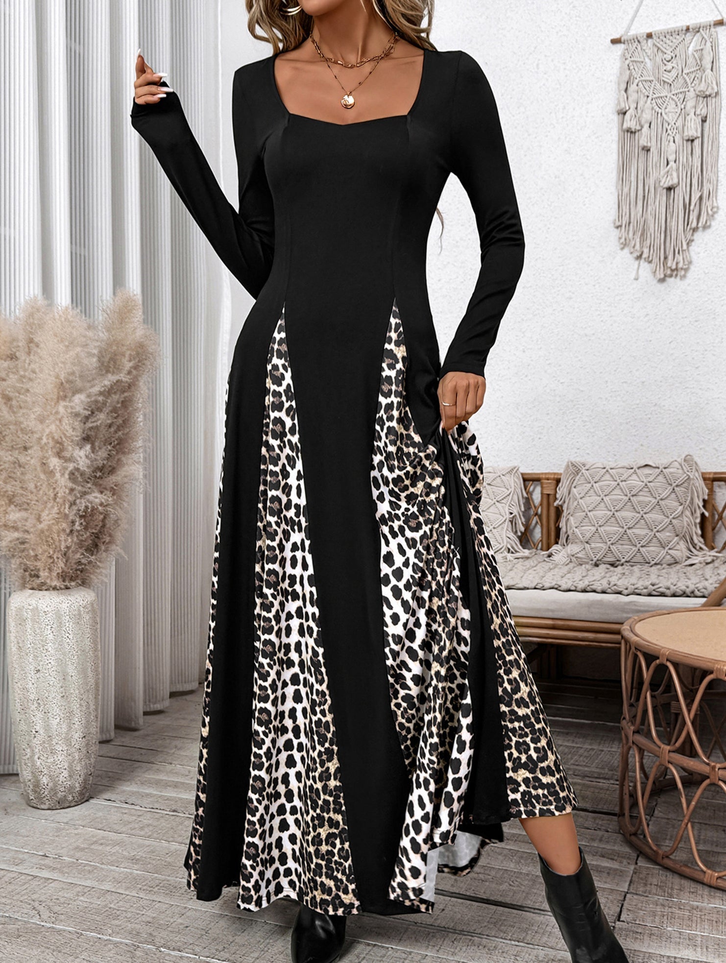 Black retro high waist leopard print patchwork dress from My Store, featuring a stylish vintage-inspired design and bold animal print.