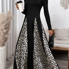 Black retro high waist leopard print patchwork dress from My Store, featuring bold animal print and vintage-inspired style.