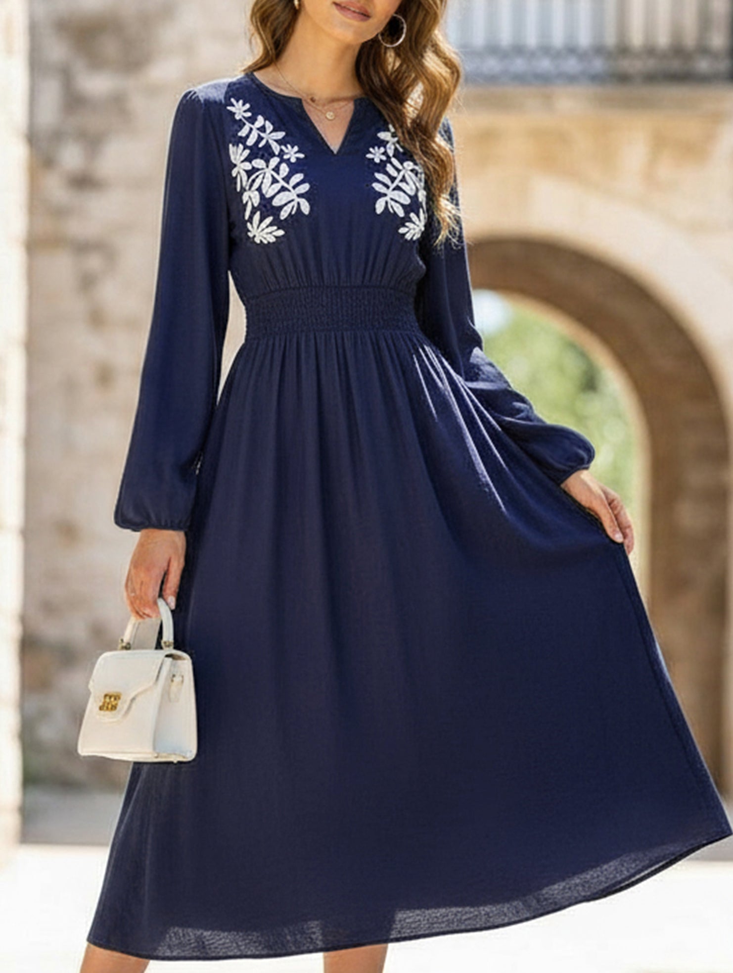 Light blue embroidered waist V-neck dress from My Store, featuring a stylish silhouette and intricate embroidery details.