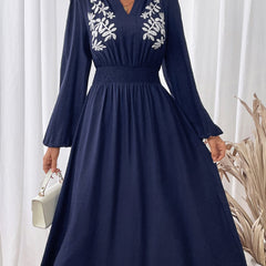 Light blue embroidered waist V-neck dress by My Store, showcasing elegant design and detailed embroidery on a stylish dress.