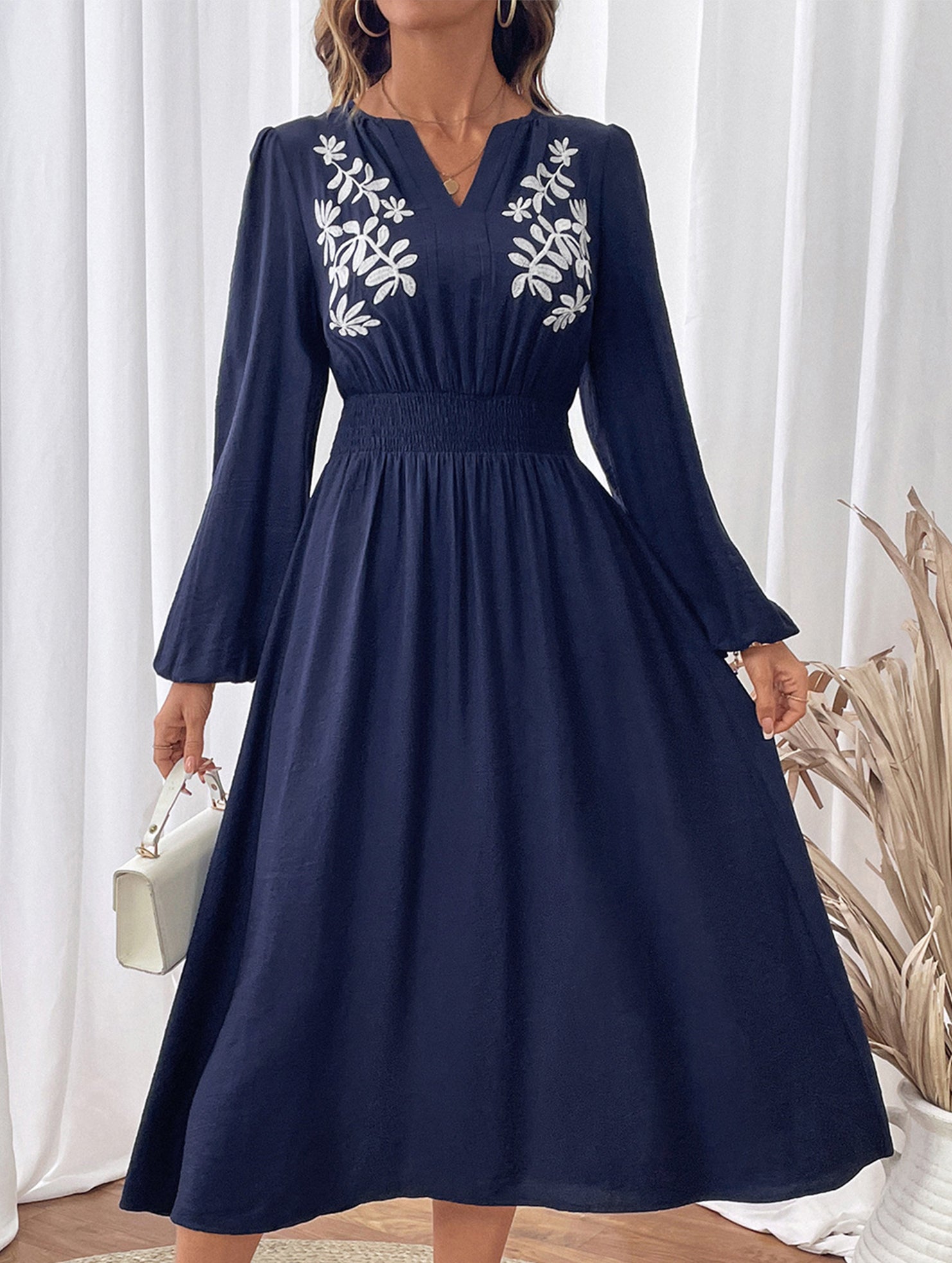 Light blue embroidered waist V-neck dress by My Store, showcasing elegant design and detailed embroidery on a stylish dress.