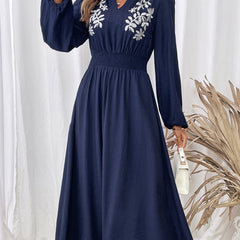 Light blue embroidered waist V-neck dress from My Store, showcasing intricate embroidery and elegant fit.