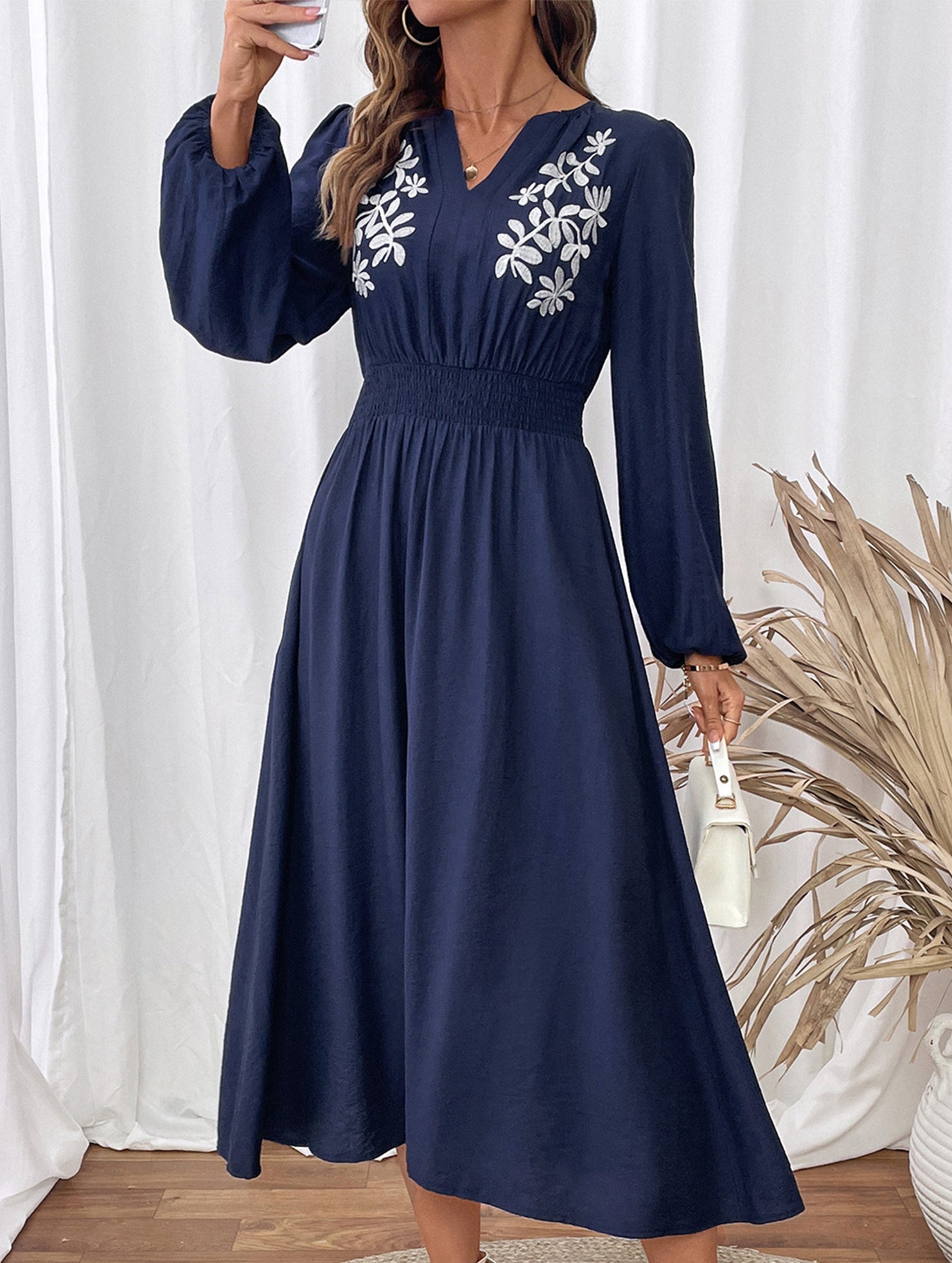 Light blue embroidered waist V-neck dress from My Store, showcasing intricate embroidery and elegant fit.