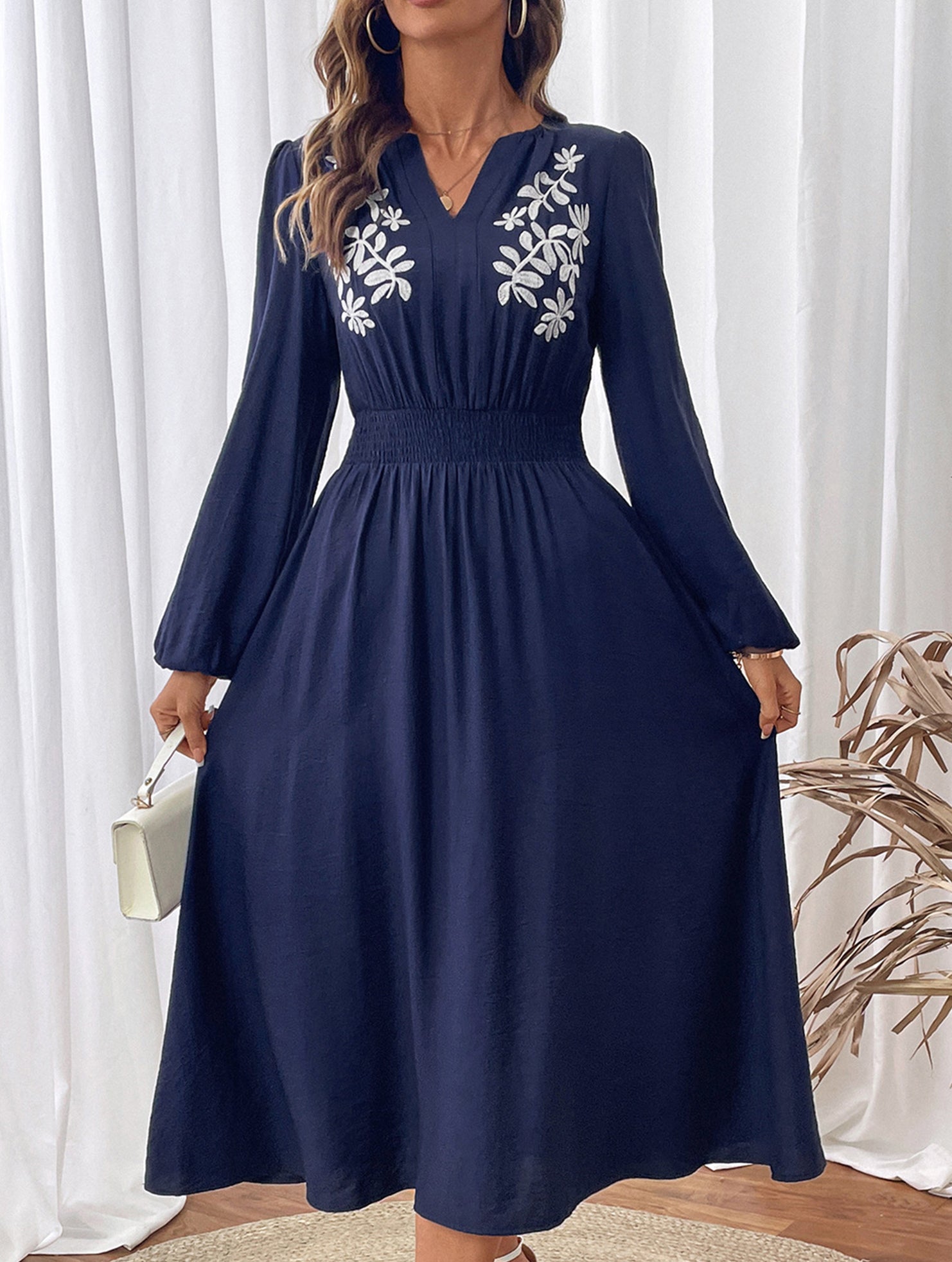 Light blue embroidered waist v-neck dress from My Store, showcasing detailed embroidery and elegant design.