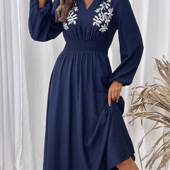 Light blue embroidered waist V-neck dress by My Store, featuring intricate embroidery and a flattering fit.
