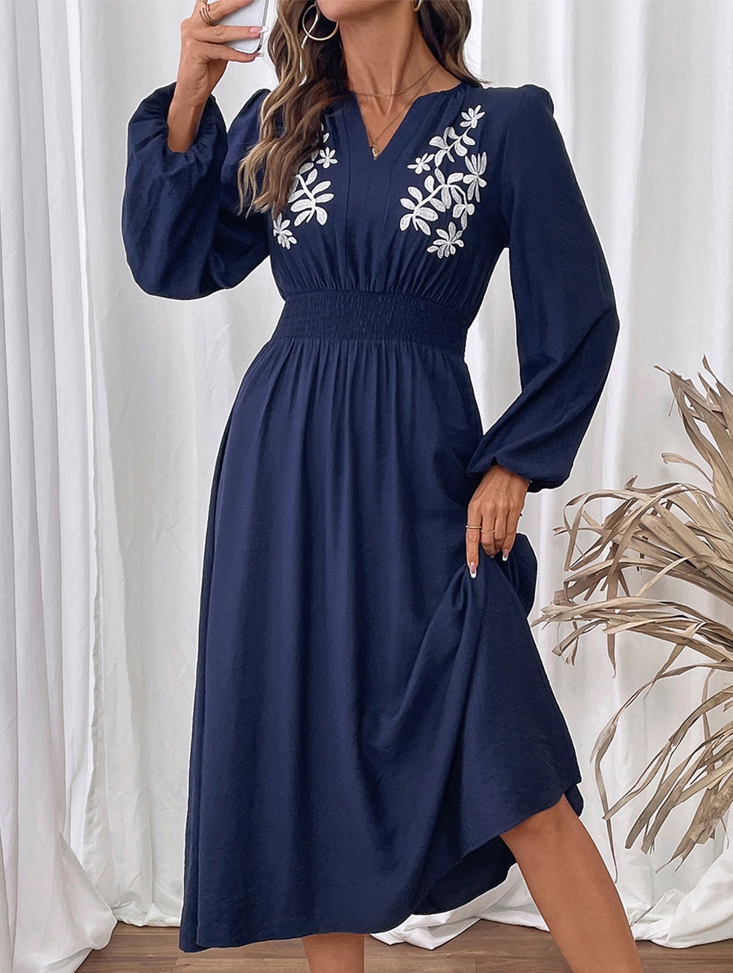 Light blue embroidered waist V-neck dress by My Store, featuring intricate embroidery and a flattering fit.