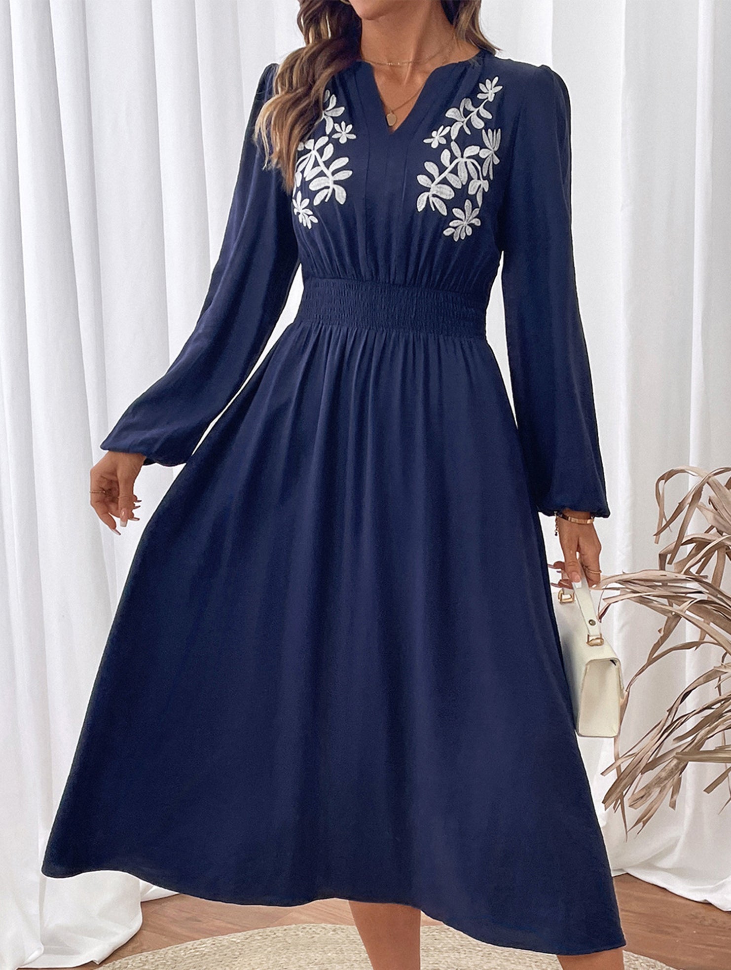 Light blue embroidered waist V-neck dress from My Store, featuring elegant design and intricate embroidery.