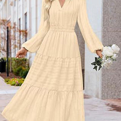 White V-neck pleated waist tiered long-sleeved dress with a flowing silhouette, from My Store.
