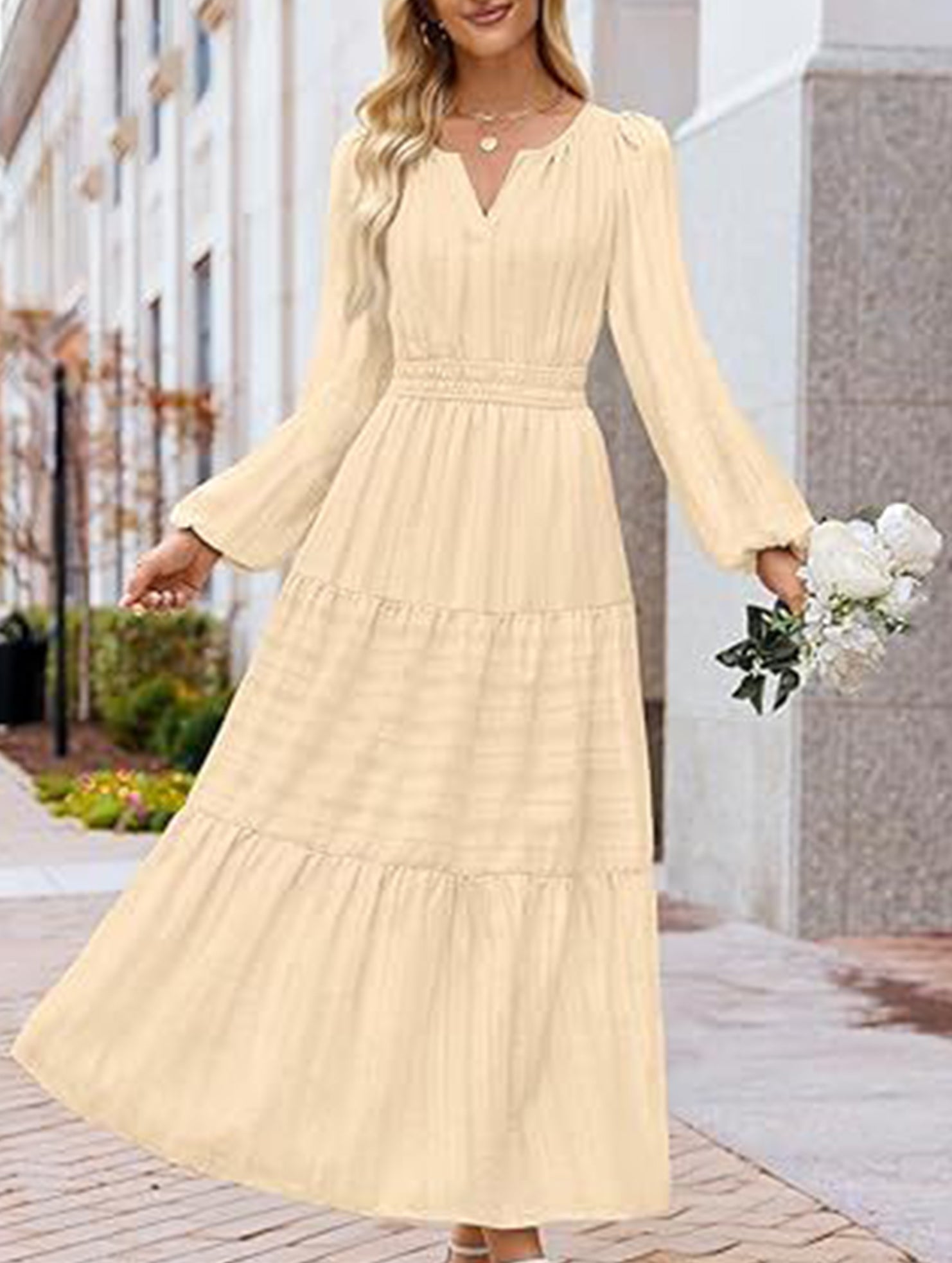 White V-neck pleated waist tiered long-sleeved dress with a flowing silhouette, from My Store.