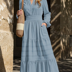 Blue-grey V-neck pleated waist tiered long-sleeved dress from My Store, showcasing a stylish and flowing design.