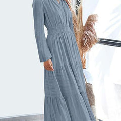 Blue grey V-neck pleated waist tiered long-sleeved dress from My Store, showcasing a flowing, elegant design.