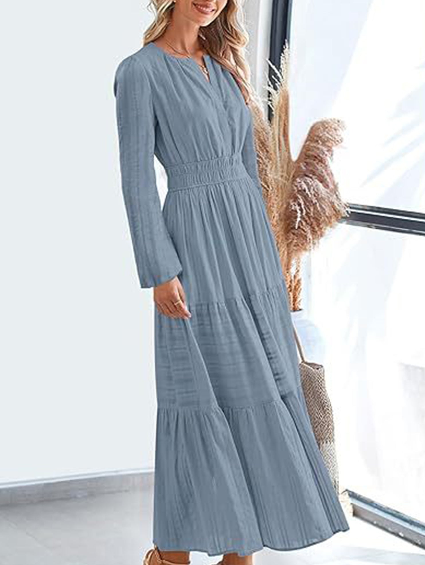 Blue grey V-neck pleated waist tiered long-sleeved dress from My Store, showcasing a flowing, elegant design.