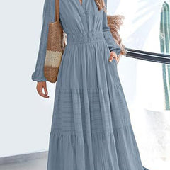Blue-grey V-neck pleated waist tiered long-sleeved dress from My Store, featuring a flowing design and elegant silhouette.