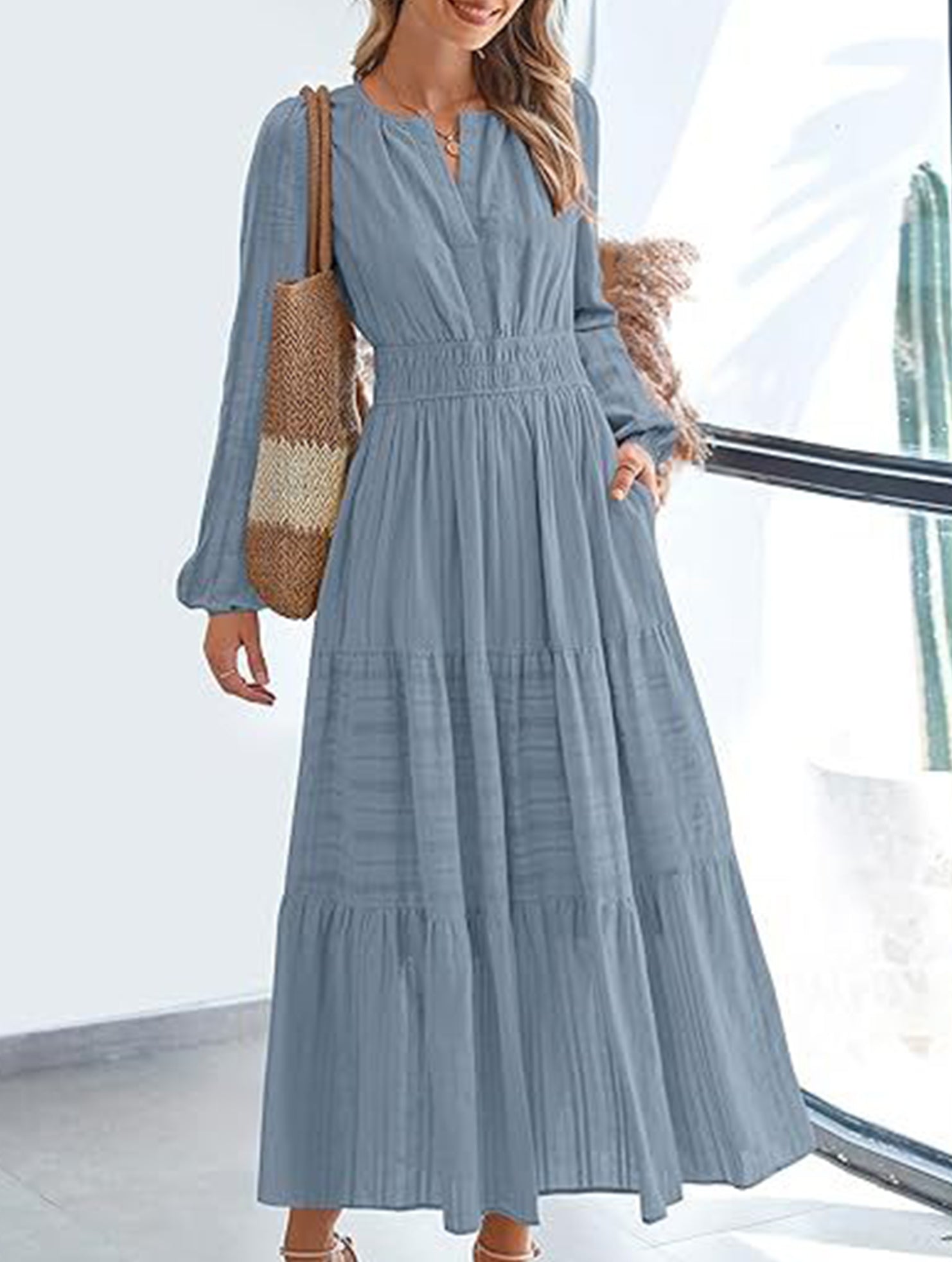 Blue-grey V-neck pleated waist tiered long-sleeved dress from My Store, featuring a flowing design and elegant silhouette.