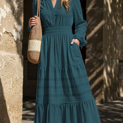 White V-neck pleated waist tiered long-sleeved dress by My Store, showcasing a flowing design with elegant pleats and tiered skirt.