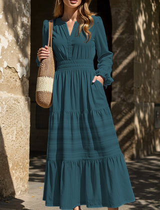 White V-neck pleated waist tiered long-sleeved dress by My Store, showcasing a flowing design with elegant pleats and tiered skirt.