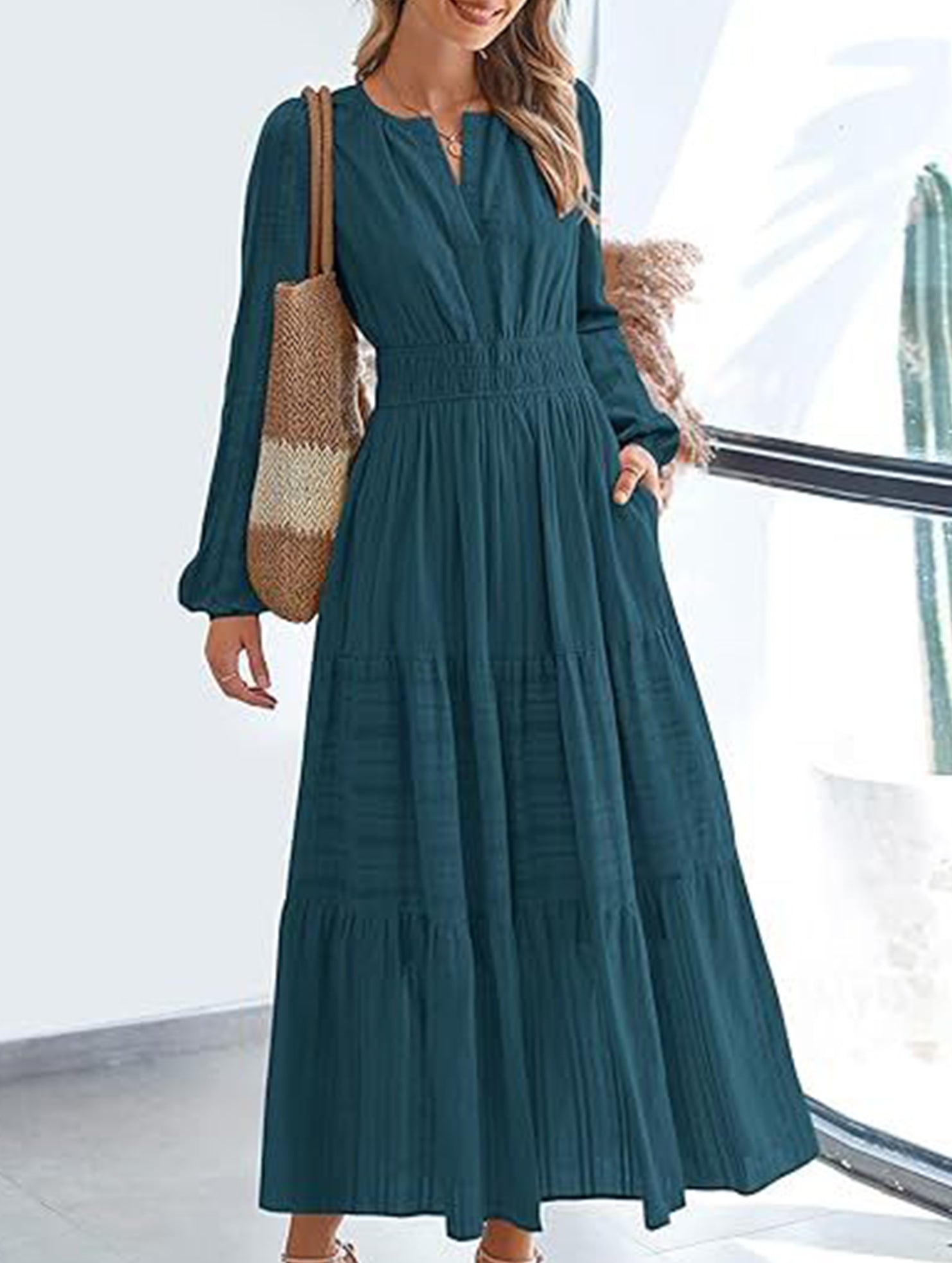 White V-neck pleated waist tiered long-sleeved dress from My Store, showcasing flowing fabric and elegant design.