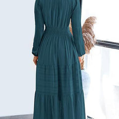 White V-neck pleated waist tiered long-sleeved dress from My Store, featuring a flowy silhouette and elegant design.
