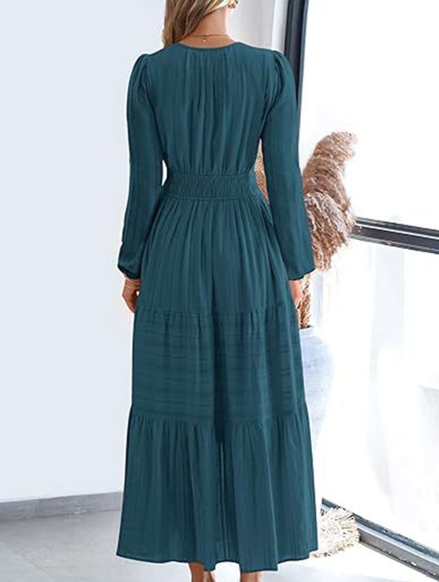White V-neck pleated waist tiered long-sleeved dress from My Store, featuring a flowy silhouette and elegant design.