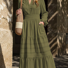 White V-neck pleated waist tiered long-sleeve dress with a flowing silhouette, from My Store.
