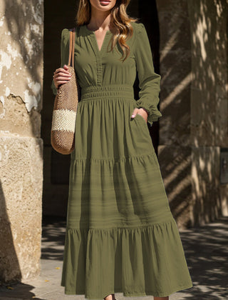 White V-neck pleated waist tiered long-sleeve dress with a flowing silhouette, from My Store.
