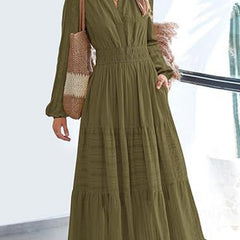 White V-neck pleated waist tiered long-sleeved dress from My Store, featuring a flowy silhouette and elegant design.