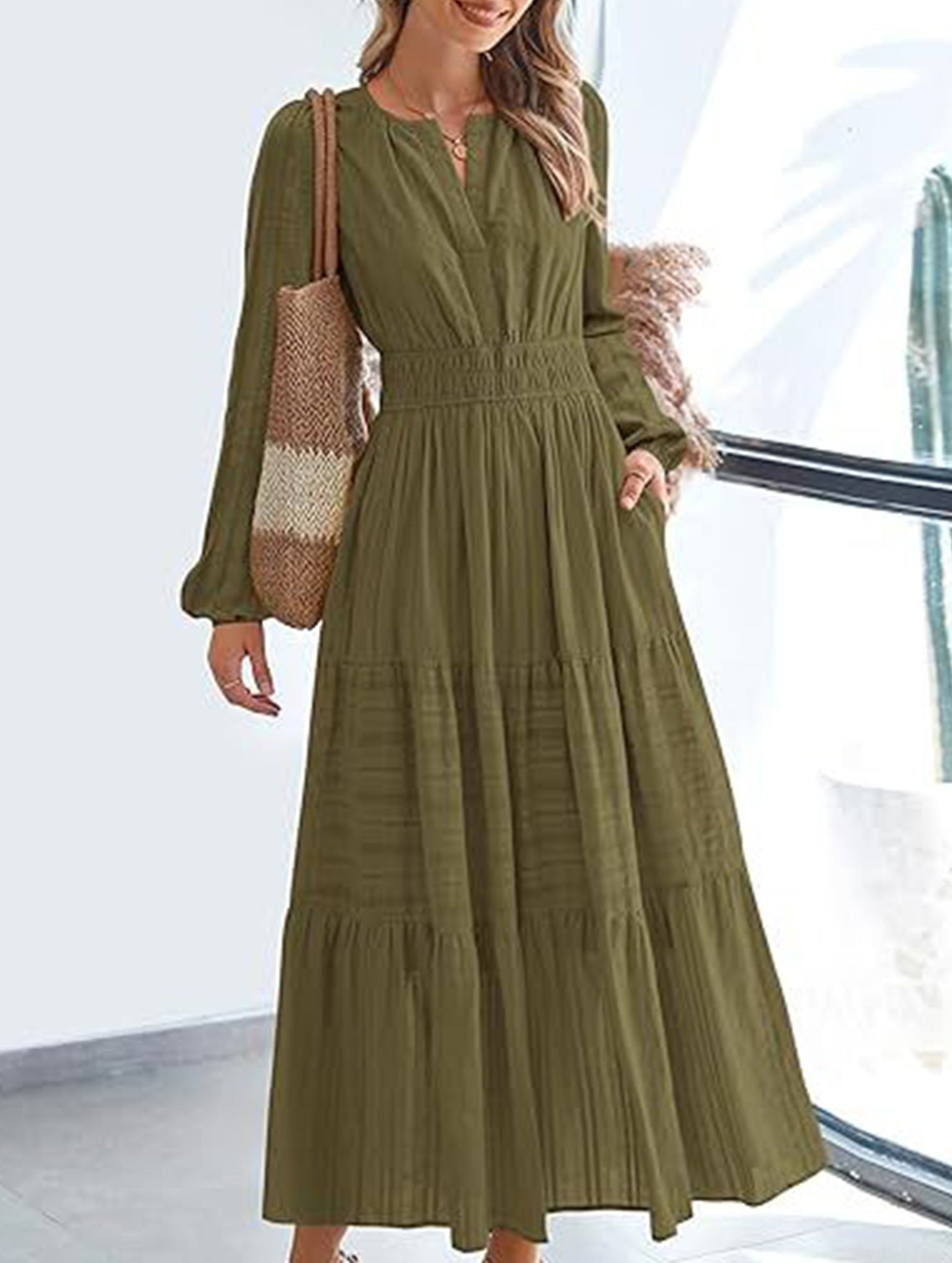 White V-neck pleated waist tiered long-sleeved dress from My Store, featuring a flowy silhouette and elegant design.