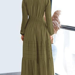 White V-neck pleated waist tiered long-sleeved dress from My Store, featuring a flowing design and elegant style.