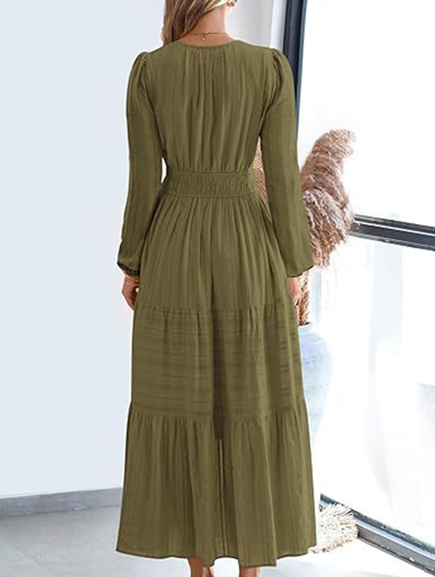 White V-neck pleated waist tiered long-sleeved dress from My Store, featuring a flowing design and elegant style.
